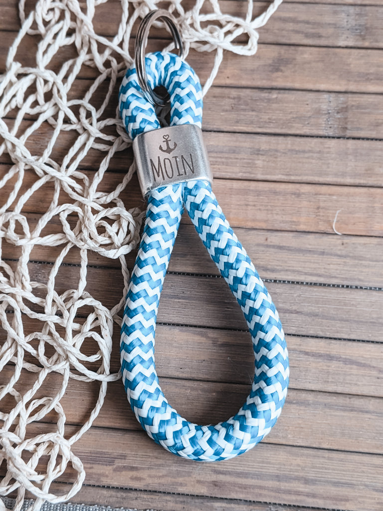 Pottarmband Segelseil / Kordel Schlüsselband "Moin", Farbe blau weiß Art.Nr. 1012
