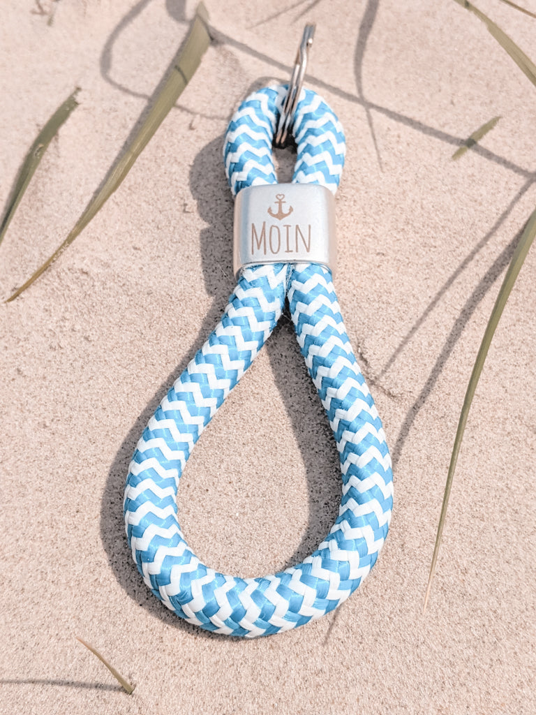 Pottarmband Segelseil / Kordel Schlüsselband "Moin", Farbe blau weiß Art.Nr. 1012