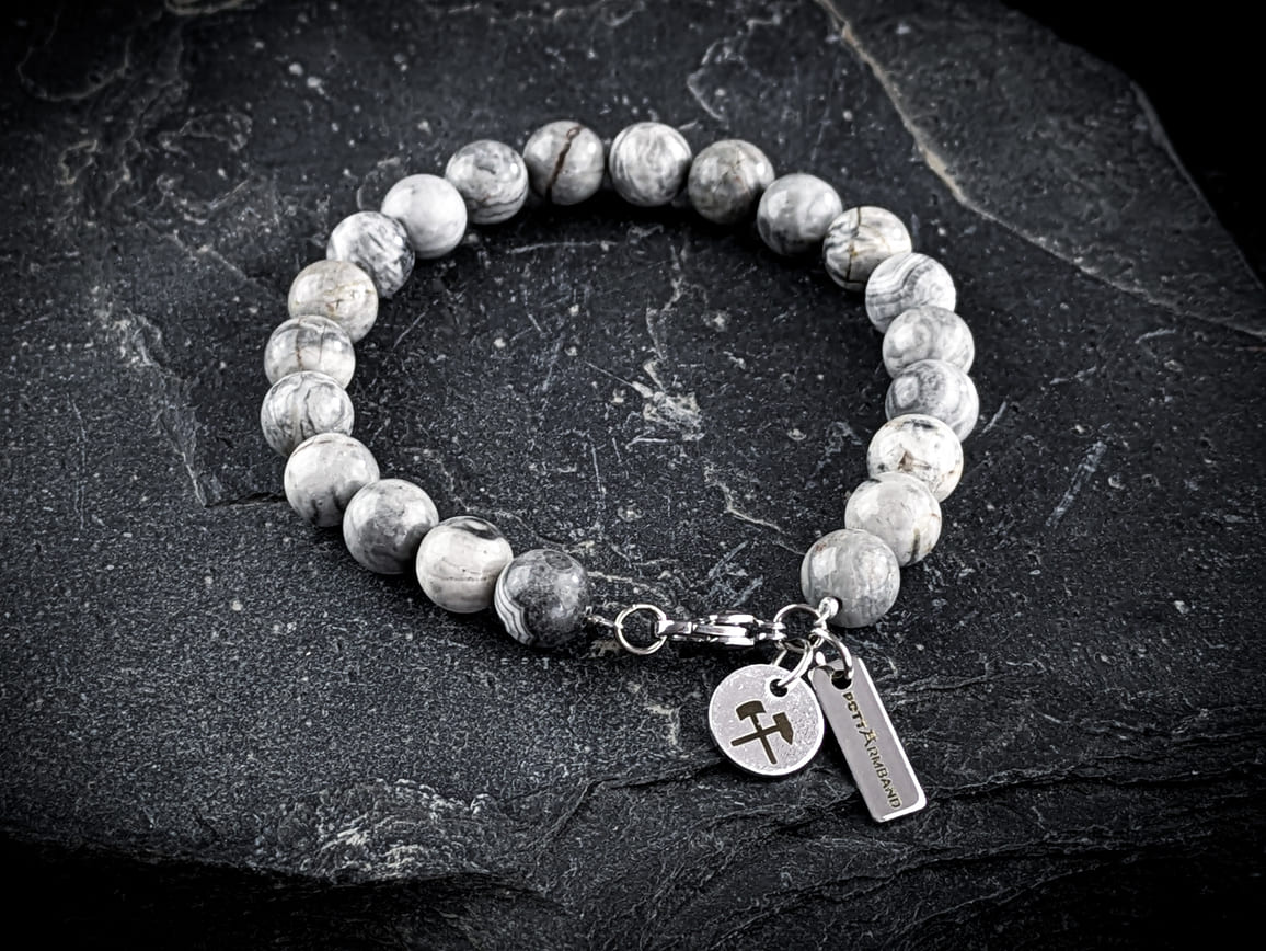 Ruhrgebiet Armband "Zeche", "Schlägel & Eisen" mit grauen Seiden Jaspis Perlen Art. Nr. 1160