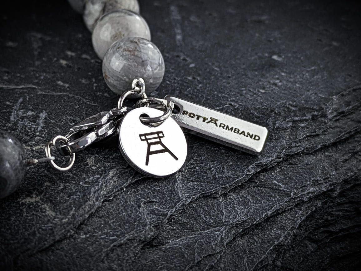 Ruhrgebiet Armband "Zeche", "Schlägel & Eisen" mit grauen Seiden Jaspis Perlen Art. Nr. 1160