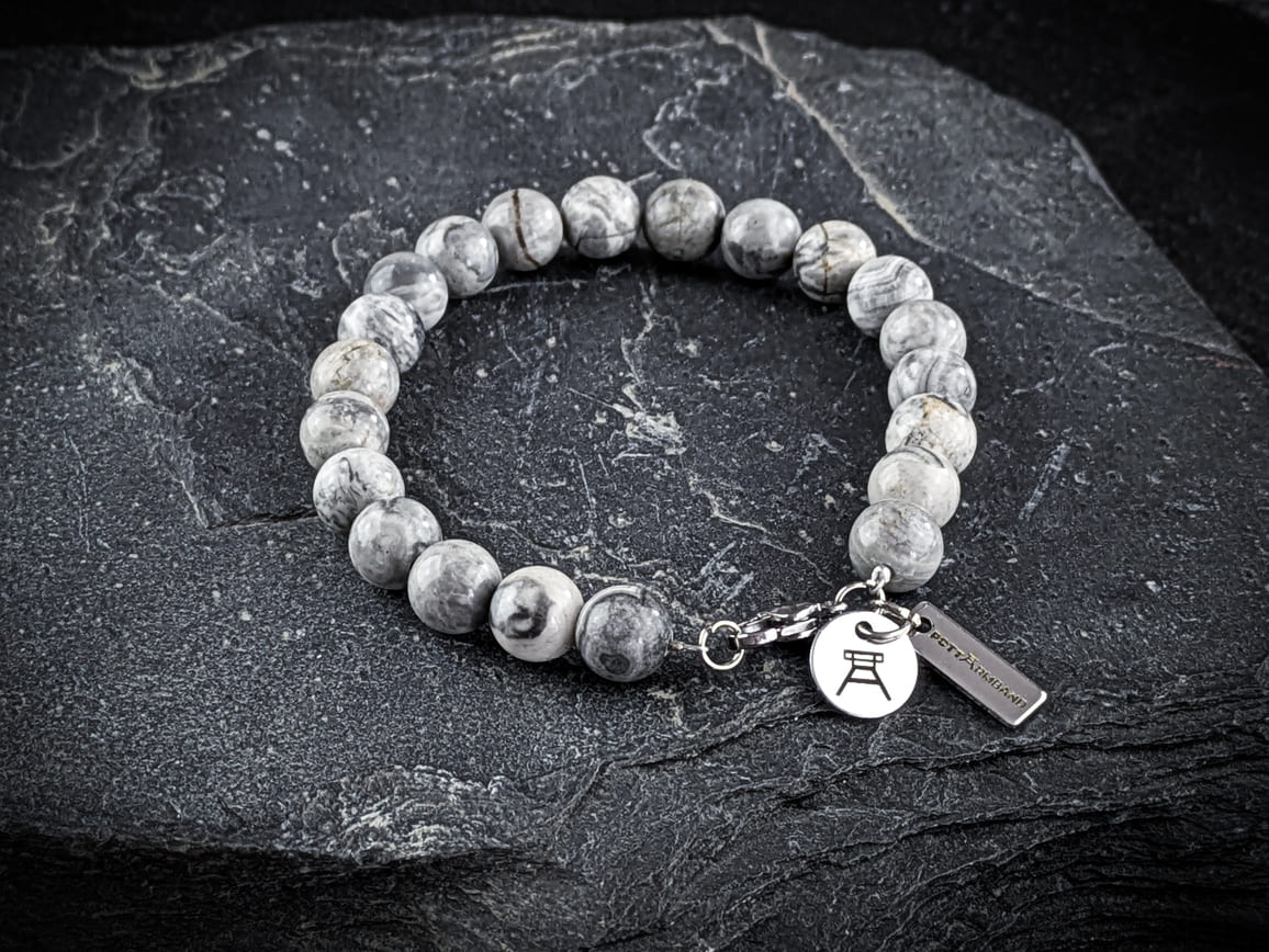 Ruhrgebiet Armband "Zeche", "Schlägel & Eisen" mit grauen Seiden Jaspis Perlen Art. Nr. 1160