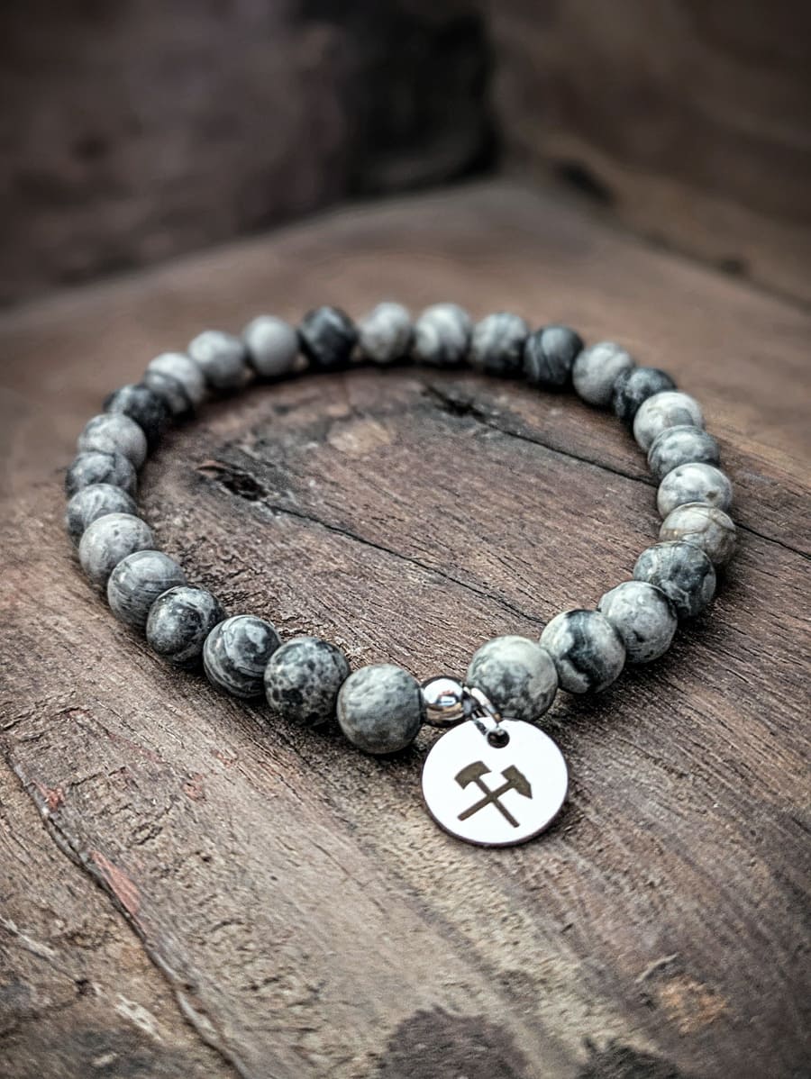 Ruhrgebiet Armband "Zeche", "Schlägel & Eisen" mit Edelsteinperlen Grauer Seiden-Jaspis Art. Nr. 1029