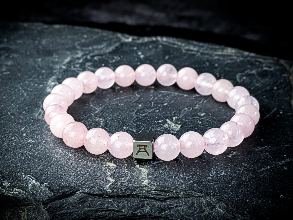 Ruhrgebiet Armband mit Rosenquarzperlen & Edelstahlwürfel Art. Nr. 1154
