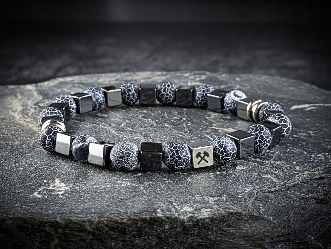 Ruhrgebiet Armband "Zeche", "Schlägel & Eisen" Achatperlen schwarz/ blau Art. Nr. 1090