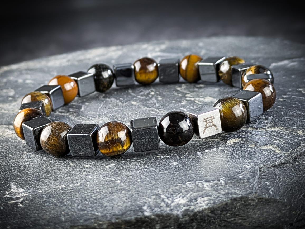 Ruhrgebiet Armband "Zeche", "Schlägel & Eisen" Tigerauge & Hämatitwürfel Art. Nr. 1091