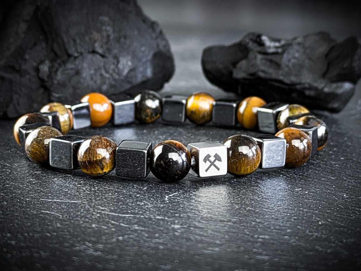 Ruhrgebiet Armband "Zeche", "Schlägel & Eisen" Tigerauge & Hämatitwürfel Art. Nr. 1091