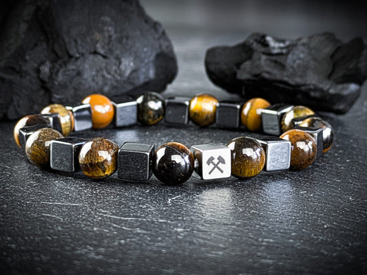 Ruhrgebiet Armband "Zeche", "Schlägel & Eisen" Tigerauge & Hämatitwürfel Art. Nr. 1091