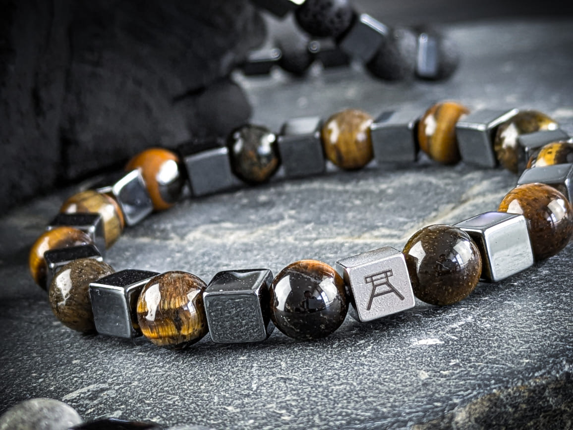 Ruhrgebiet Armband "Zeche", "Schlägel & Eisen" Tigerauge & Hämatitwürfel Art. Nr. 1091