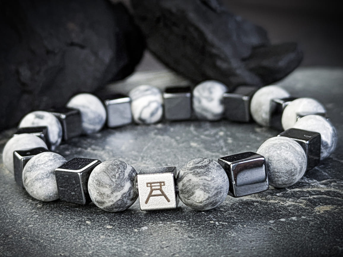 Ruhrgebiet Armband "Zeche", "Schlägel & Eisen" grauer Jaspis & Hämatitwürfel Art. Nr. 1093