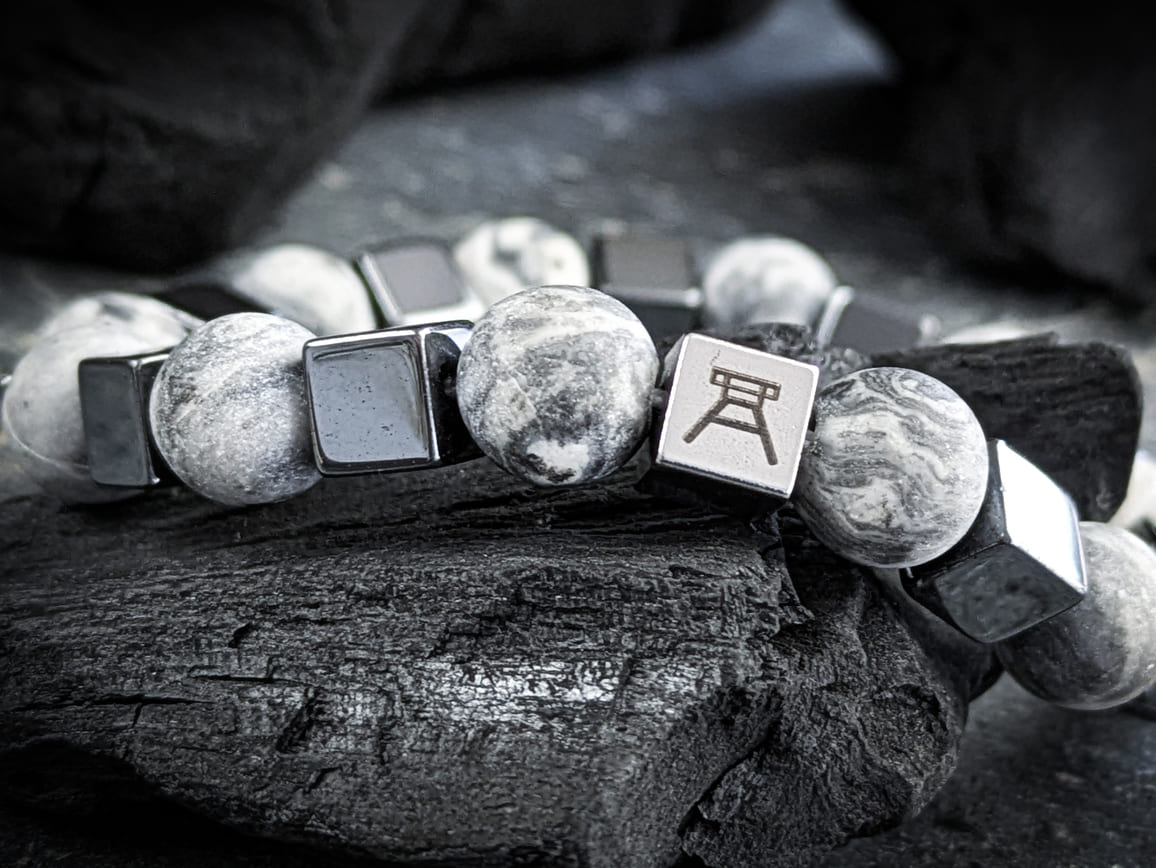 Ruhrgebiet Armband "Zeche", "Schlägel & Eisen" grauer Jaspis & Hämatitwürfel Art. Nr. 1093