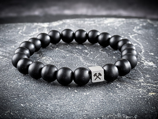 Ruhrgebiet Armband mit matt schwarzen Achatperlen & Edelstahlwürfel Art. Nr. 1156