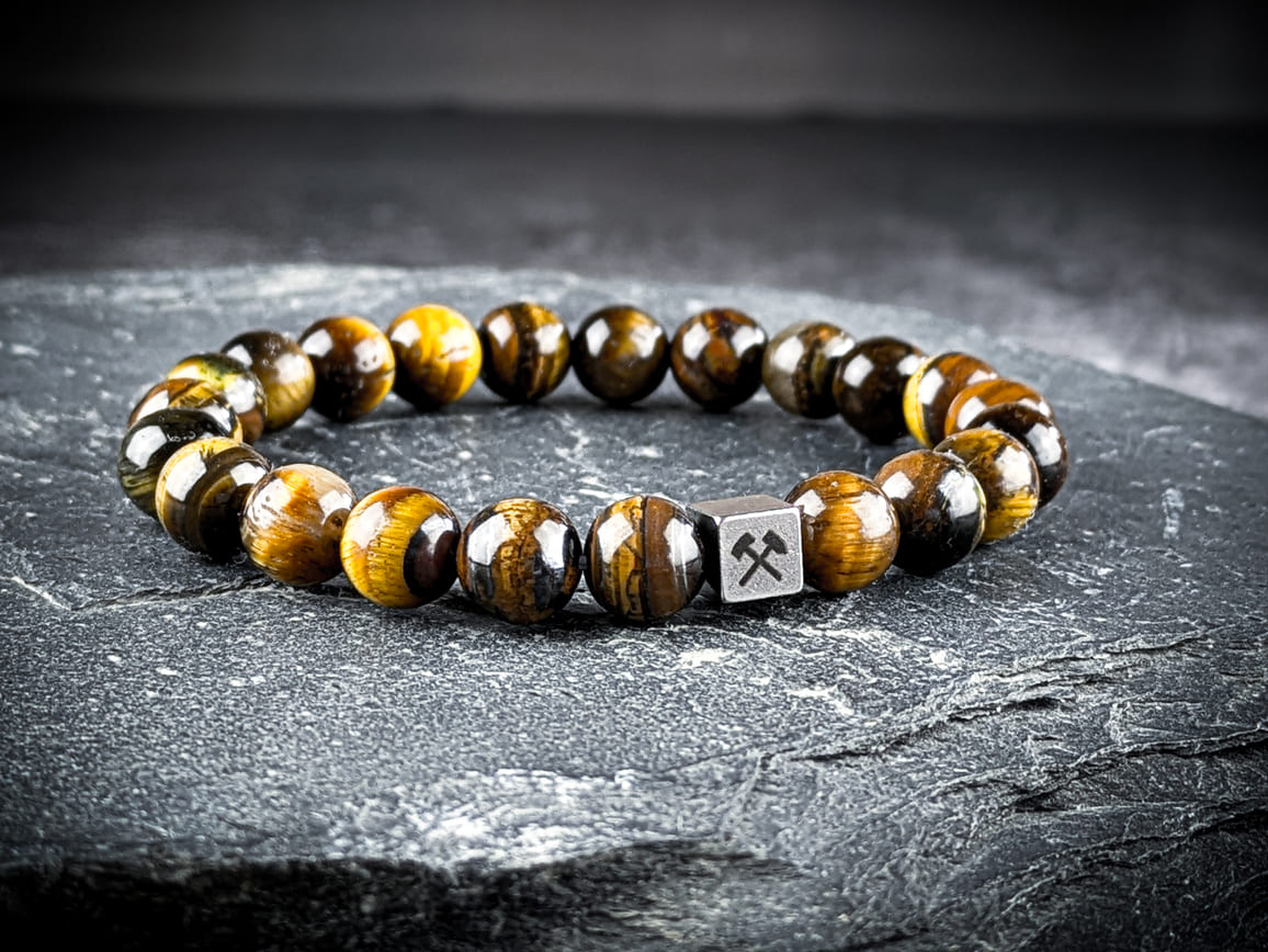 Ruhrgebiet Armband mit braunen Tigerauge Perlen & Edelstahlwürfel Art. Nr. 1152