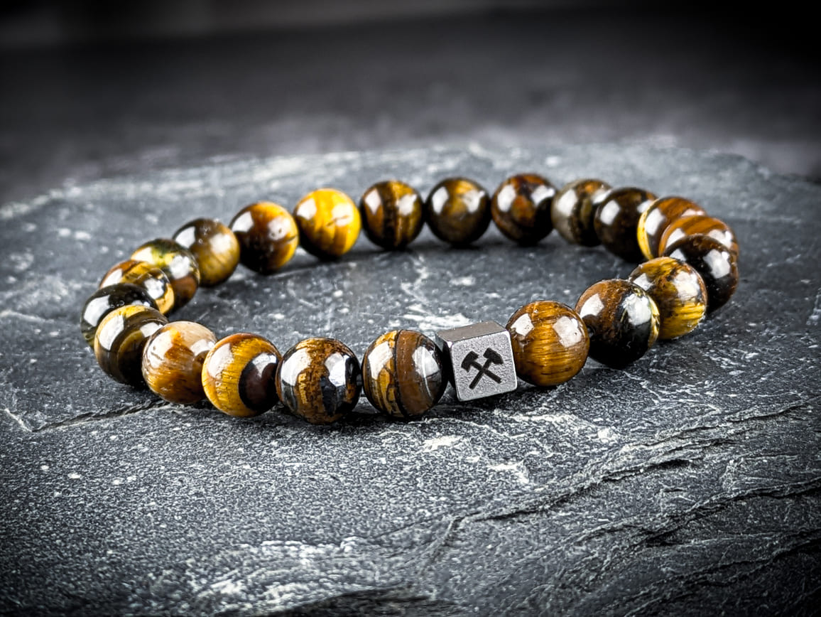 Ruhrgebiet Armband mit braunen Tigerauge Perlen & Edelstahlwürfel Art. Nr. 1152