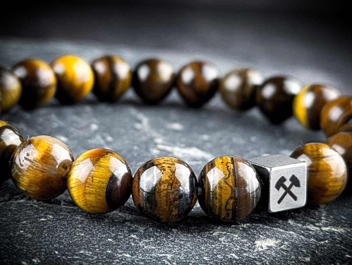Ruhrgebiet Armband mit braunen Tigerauge Perlen & Edelstahlwürfel Art. Nr. 1152