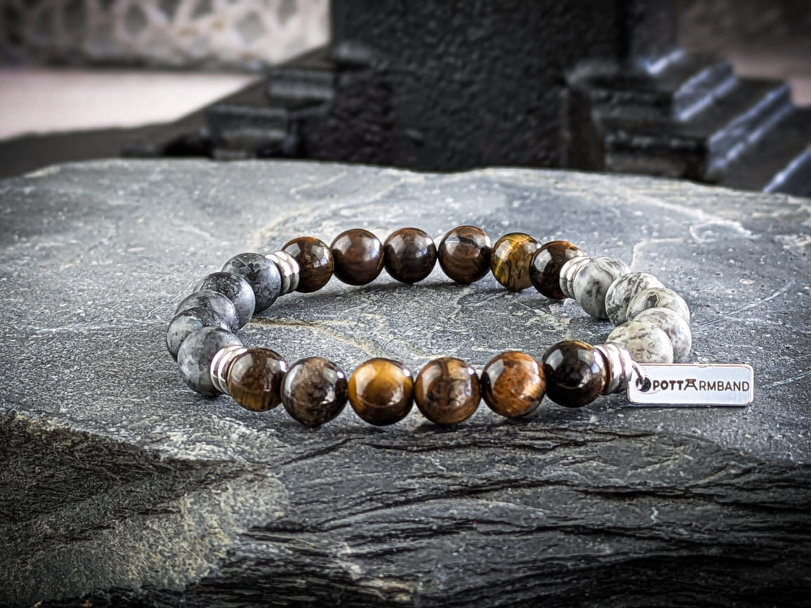 Ruhrgebiet Armband mit Edelsteinperlen Grauer Seiden-Jaspis & braunes Tigerauge Art. Nr. 1068