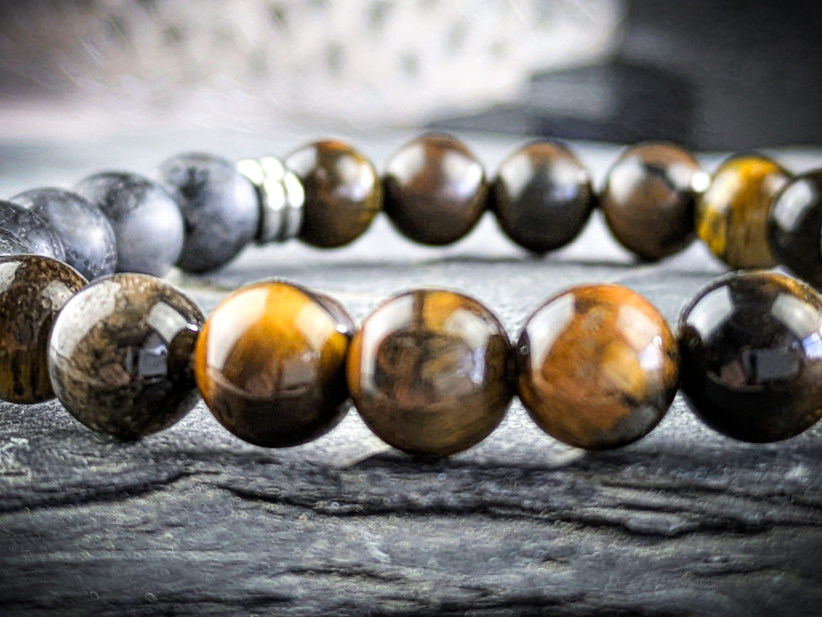 Ruhrgebiet Armband mit Edelsteinperlen Grauer Seiden-Jaspis & braunes Tigerauge Art. Nr. 1068