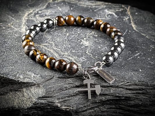 Ruhrgebiet Herren Armband "Glück Auf" mit Obsidian und Braunen Tigeraugen Natursteinperlen Art. Nr. 1074