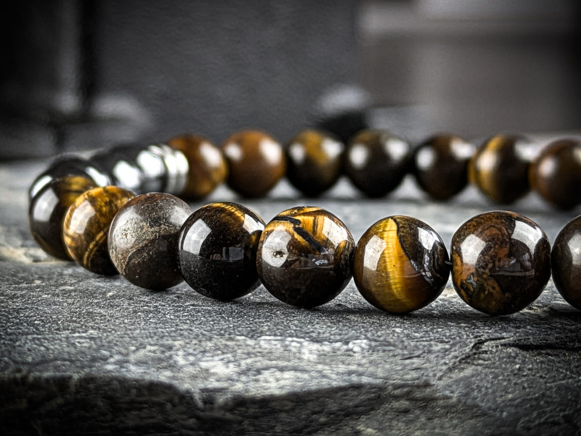 Ruhrgebiet Herren Armband "Glück Auf" mit Obsidian und Braunen Tigeraugen Natursteinperlen Art. Nr. 1074