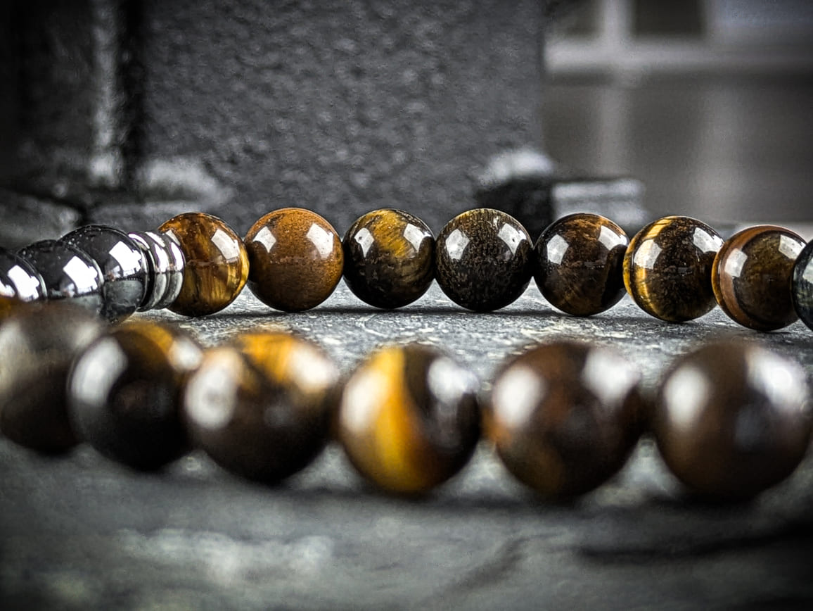 Ruhrgebiet Herren Armband "Glück Auf" mit Obsidian und Braunen Tigeraugen Natursteinperlen Art. Nr. 1074