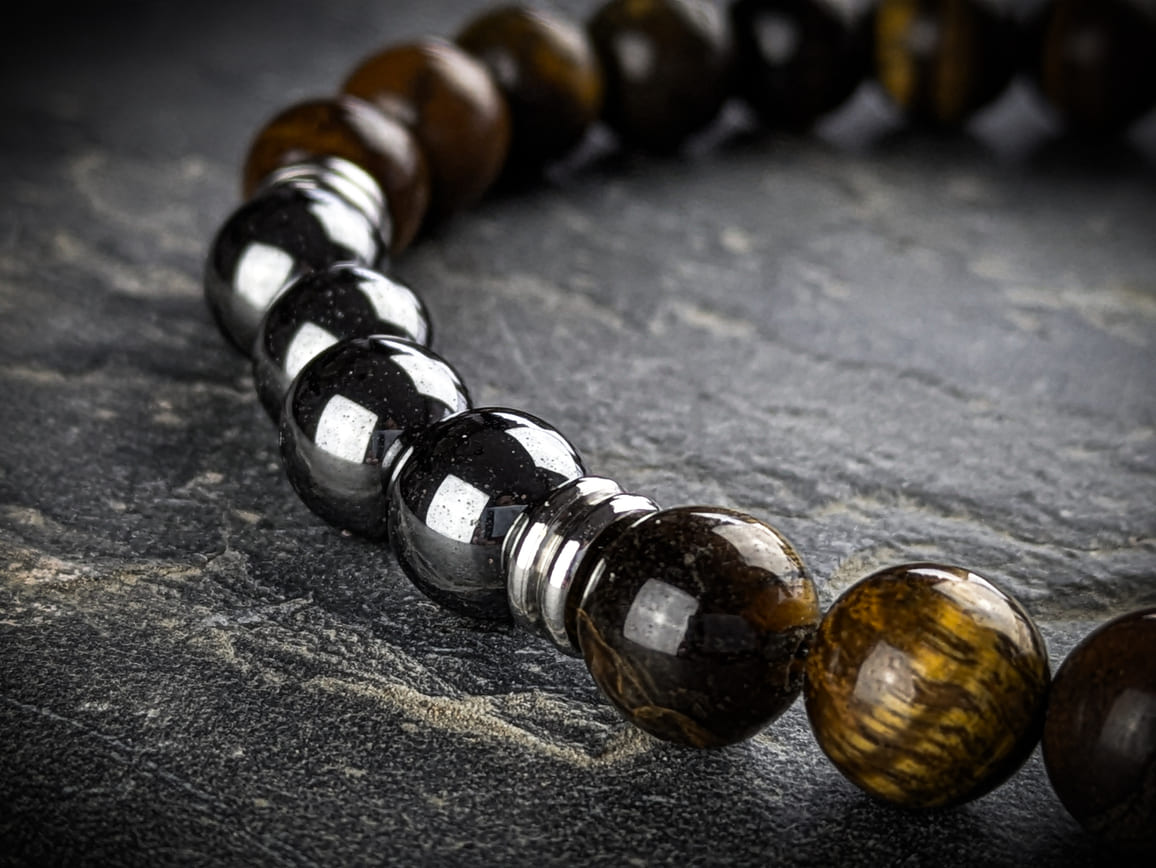 Ruhrgebiet Herren Armband "Glück Auf" mit Obsidian und Braunen Tigeraugen Natursteinperlen Art. Nr. 1074