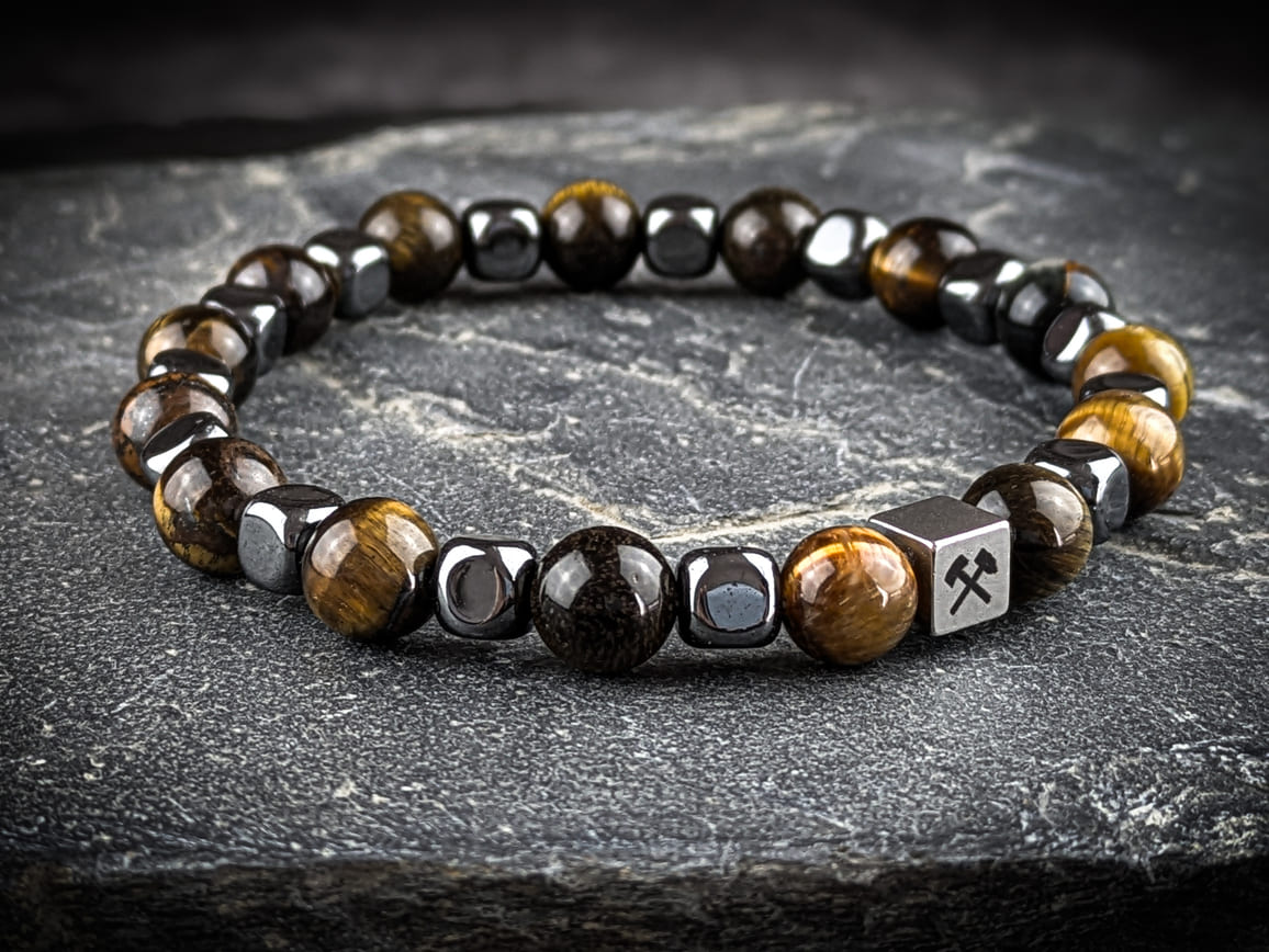 Ruhrgebiet Herren Armband mit Edelsteinperlen Tigerauge & Hämatitwürfel Art. Nr. 1079