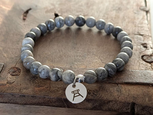 Ruhrgebiet Armband "Zeche", "Schlägel & Eisen"  mit Edelsteinperlen Grauer Seiden-Jaspis Art. Nr. 1029