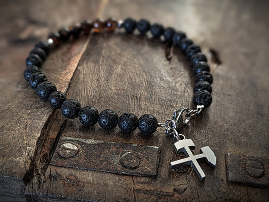 Ruhrgebiet Herren Armband "Glück auf" mit braunem Tigerauge und Lavaperlen Art. Nr. 1046