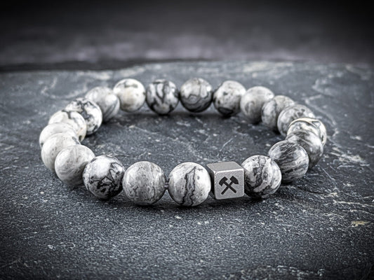 Ruhrgebiet Armband mit grauen Seiden Jaspis Perlen & Edelstahlwürfel Art. Nr. 1151