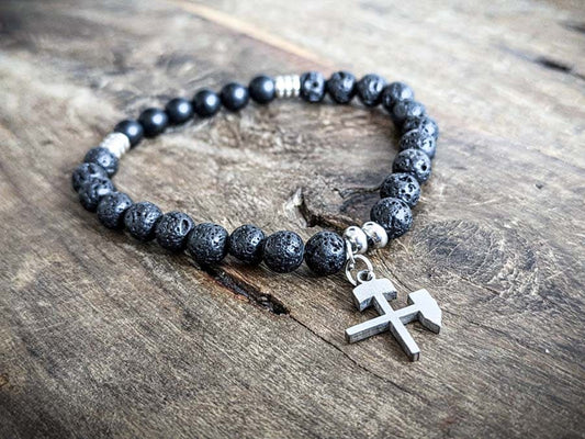 Ruhrgebiet Herren Armband Schwarzer Achat mit Edelstahl Anhänger "Schlägel & Eisen" Art. Nr. 1059