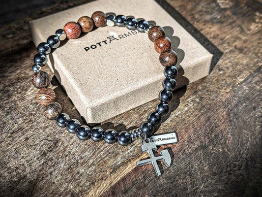 Ruhrgebiet Herren Armband "Glück auf" mit Hämatit- und Edelstahlperlen Art. Nr. 1047